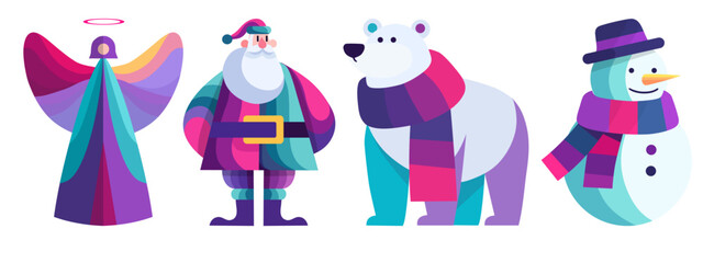 Colorful Christmas Characters Vector Set With Angel Santa Claus Polar Bear And Snowman In Modern Gradient Style