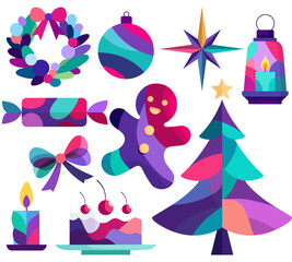 Colorful Christmas Ornament Vector Set With Tree Bauble Wreath Star And Gifts In Modern Gradient Illustration Style