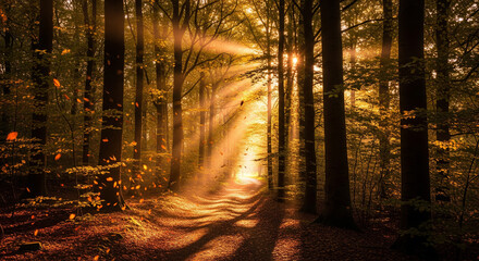 Obraz premium Sunlight streams through tall trees in a forest, illuminating a path with golden light and creating long shadows on the ground.