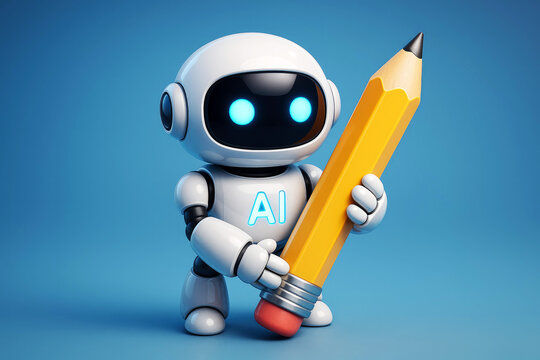 Adorable AI robot character holding a large yellow pencil against a blue backdrop artificial intelligence
