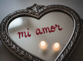 Silver Heart Mirror with &ldquo;Mi Amor&rdquo; Written in Red Lipstick