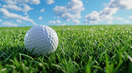 Obraz premium Golf ball on green grass, sunny sky