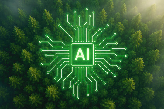 AI chip circuit overlay on a lush green forest canopy with sunlight artificial intelligence technology - Powered by Adobe