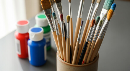A collection of paintbrushes in a ceramic holder with colorful paint bottles, ready for artistic creation.