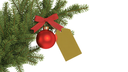 Festive evergreen branch adorned with a vibrant red ornament and bow, alongside a blank golden tag perfect for holiday wishes and personalized messages