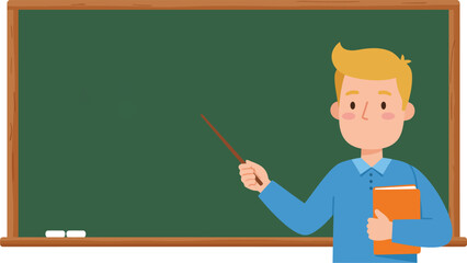 Happy teacher with book stands before blank green chalkboard vector