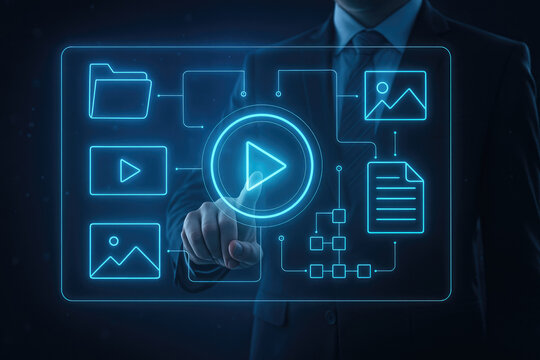 Businessman interacting with a digital interface displaying video playback and file management icons