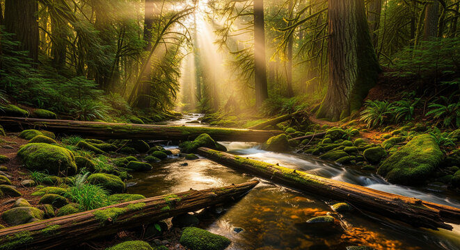 Sunbeams filter through a lush green forest, illuminating a flowing stream with moss-covered logs and trees.