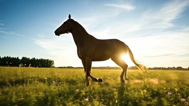 A Majestic Chestnut Horse Galloping Through a Sunlit Meadow at Dusk, Capturing the Grace and Freedom of Nature