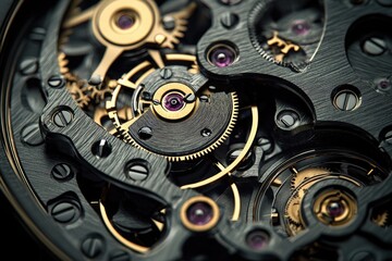 Macro close-up of elegant watch mechanism with black metal gears, gold details, and purple gemstones for luxury design and technology concepts