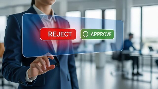 Professional Businesswoman Holding a Colorful Sign Declaring Rejection and Button with Red Arrow Graphic in a Dynamic Office Setting