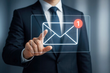 Businessman touching a digital screen displaying an email icon with a notification message communication