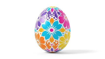 Vibrantly decorated Easter egg with floral patterns on a clean white background