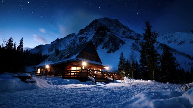 Cozy Wooden Cabin Illuminated at Night with Bright Stars and Snowy Mountain Landscape