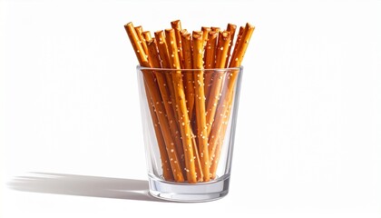 Golden-brown pretzel sticks with glossy surface and salt crystals, arranged upright in transparent glass, placed on clean surface with minimal composition.