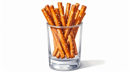 Golden-brown pretzel sticks with glossy surface and salt crystals, arranged upright in transparent glass, placed on clean surface with minimal composition.