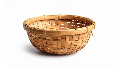 Circular woven bamboo basket with flared rim and crisscross pattern, placed on white surface and background, reinforced edge with vertical bindings, traditional handcrafted design.
