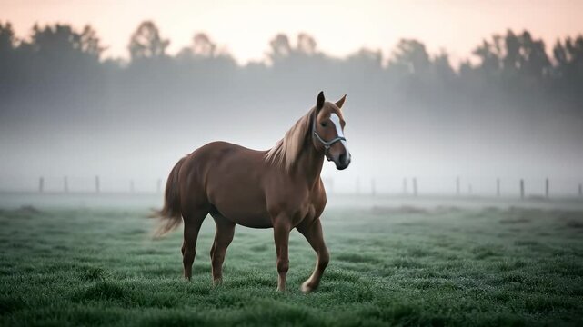 A Majestic Chestnut Horse Standing Gracefully in a Foggy Meadow at Dawn, Surrounded by Lush Green Grass and Soft Morning Light