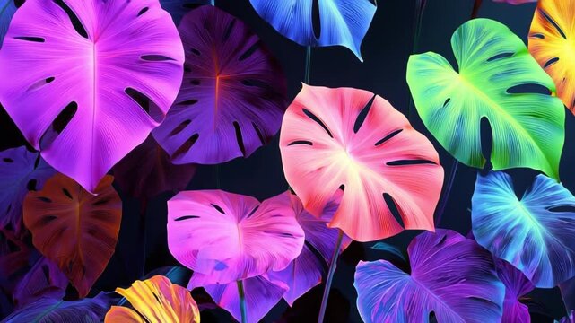 Lush tropical monstera leaves radiating colorful neon glow in a dark botanical garden