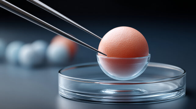 Vitro Fertilization concept ,Delicate egg laboratory petri dish metal tweezer science fertility embryo biotech hope