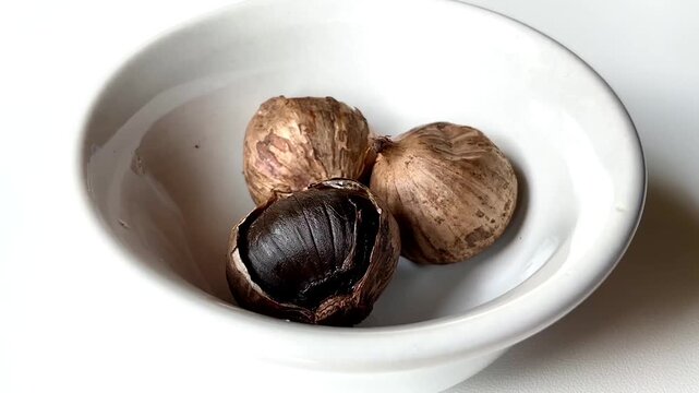 Fermented black solo garlic or monobulb garlic in a white bowl. It has the flavour of the garlic clove but is somewhat milder and lightly perfumed.