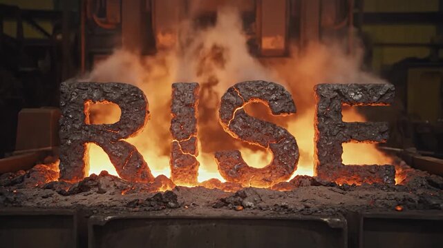 The word RISE forged in fire and glowing embers, symbolizing strength and new beginnings.