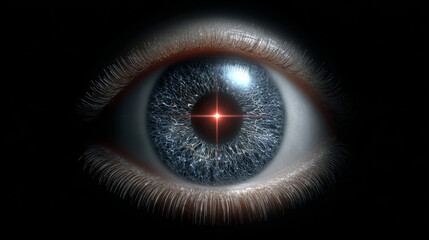 Fototapeta premium Lasik concept ,human eye blue iris macro closeup laser light glow dark background cyber human eye iris pupil retina sclera
