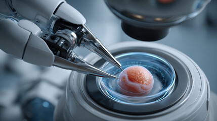 Vitro Fertilization concept ,Advanced robotic arm surgical tool embryo petri dish microscope lab precision sterile