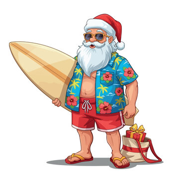 Santa in tropical beach wearing sunglasses with surfboard, vector style