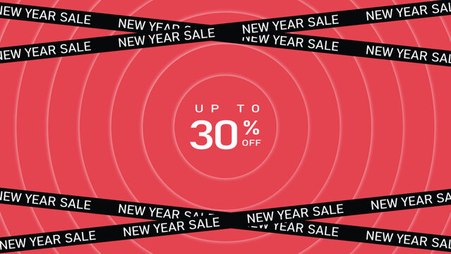 new year sale circular rings banner, red promo template with black ribbon, festive discount design