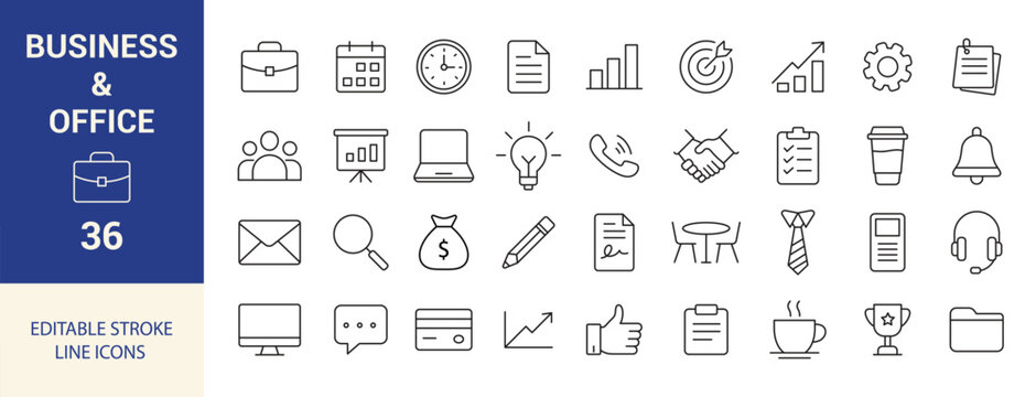 Business and Office Line Icon Set. Briefcase, Graph, Calendar, Laptop, Lightbulb, Document, Coffee Cup, and Teamwork Icons