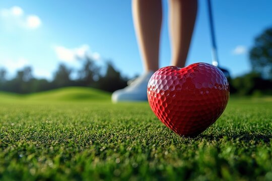 Golfer preparing to tee off with a red heart-shaped golf ball on the green during a sunny day