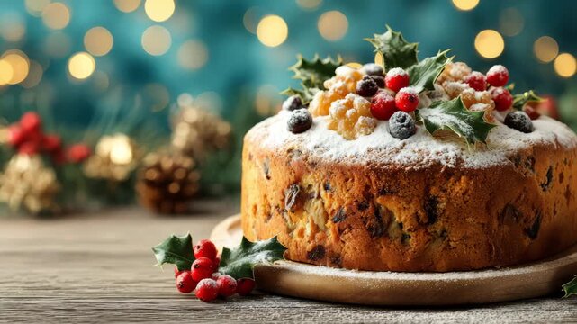 Festive fruitcake decorated with holly and berries welcoming the holiday season