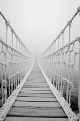 Obraz premium White rope bridge stretches into the fog over a winding river in a serene natural landscape