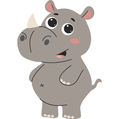 Cute Cartoon Rhino Standing With Big Eyes Blushing Cheeks and Open Mouth Against Transparent Background