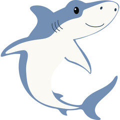 Cute Cartoon Shark Illustration with White Background and Blue Fins smiling playfully
