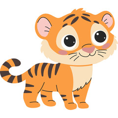 Cute Cartoon Tiger Cub With Big Eyes and Orange Fur Standing Facing Forward Isolated on White Background Detailed illustration