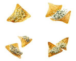 Crunchy corn chips with spinach artichoke dip sauce isolated.