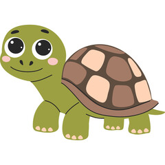 Cute Cartoon Tortoise Character with Big Eyes and Smiling Face on a Transparent Background