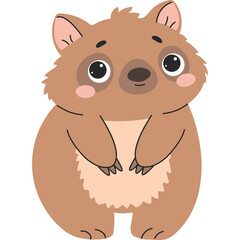 Cute cartoon wombat with brown fur and big eyes standing on a transparent background isolated vector illustration