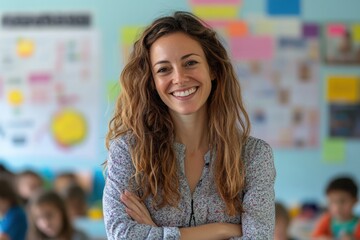 Happy teacher engaging students in a lively classroom filled with colorful educational materials and an enthusiastic atmosphere
