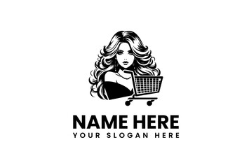 Glamorous Shopping Logo Design with Elegant Woman and Cart
