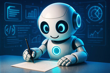 Friendly AI robot with glowing eyes writing on paper with digital data screens in background artificial intelligence