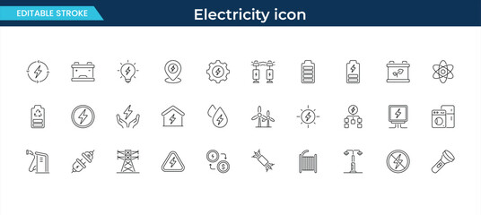 Power and electricity icons, energy source, battery, and renewable current vector