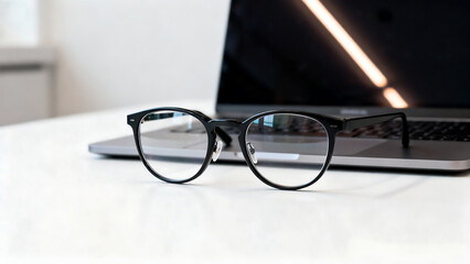 Stylish minimal composition of eyeglasses placed near open laptop showing reflection of screen