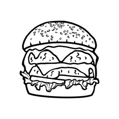 burger hand drawn, cheeseburger outline, fast food logo, sandwich graphic, snack meal vector, restaurant symbol, junk food design, tasty burger illustration