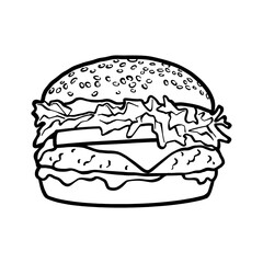burger hand drawn, cheeseburger outline, fast food logo, sandwich graphic, snack meal vector, restaurant symbol, junk food design, tasty burger illustration