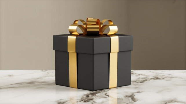 A high-quality product photograph of a black square gift box with a gold metallic ribbon tied into a perfect bow on top.