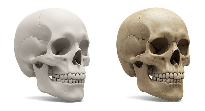 Two human skulls, one white and aged, on a background anatomy bo