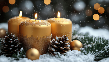 Warm golden candles glow softly in a snowy winter scene with pine cones and festive decorations Generative AI